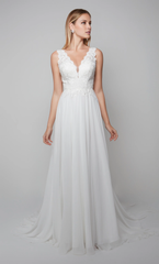 Chiffon deep V-neck A-line floral lace tight corset and floor length wedding dresses