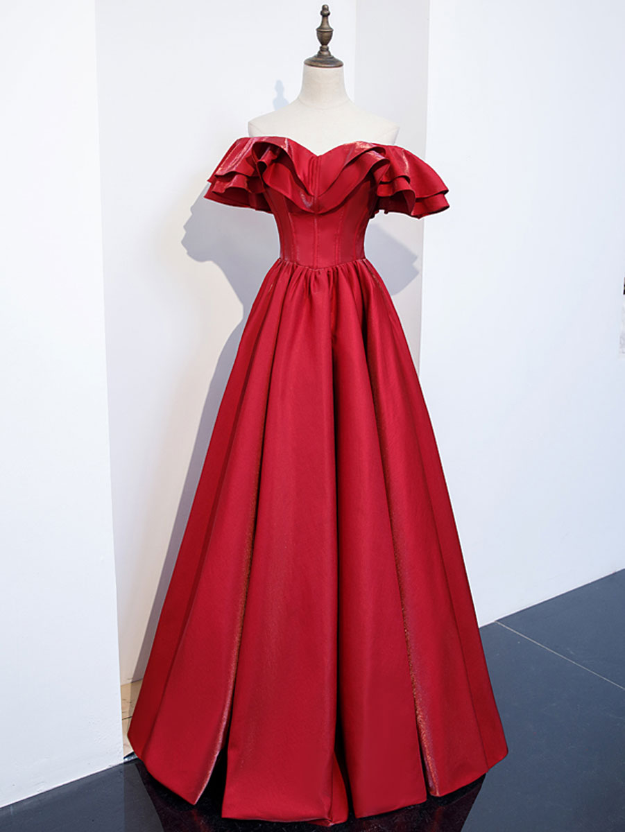 Simple  off shoulder satin long prom dress, burgundy evening dress