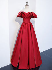 Simple  off shoulder satin long prom dress, burgundy evening dress