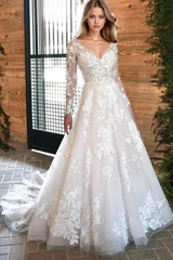 Bohemian A-line Long Sleeve V-Neck Ivory Lace Country Style Wedding Dress