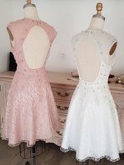 White round neck tulle lace short prom dress lace bridesmaid dress