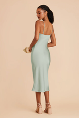 Fully lined pleated neckline mid length side zipper bridesmaid dress