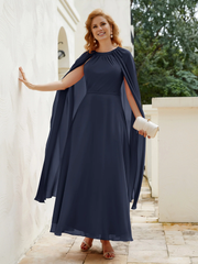 Long cape A-line gemstone collar chiffon mother of the bride dress