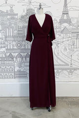 Wrap v nek mouwen chiffon lange bruidsmeisje jurk met vleugel