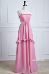 Pink Spaghetti Strap Bow-Back Ruffle Maxi Dress