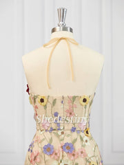 Champagne 3D Flower Print Halter A-Line Party Dress