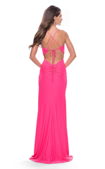 Thin shoulder strap deep V-neck exposed back side slit and floor length evening dress