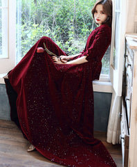 Simple burgundy velvet long prom dress velvet evening dress