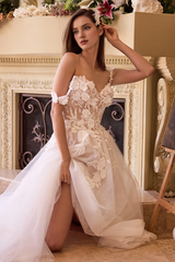 White 3D floral decal long sleeveless sweetheart wedding dress
