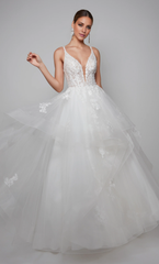 Thin gauze lace deep V-neck tied back transparent tight corset and floor length wedding dresses