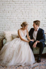 Beach A-line V Neck Lace Applique Ivory Wedding Dresses