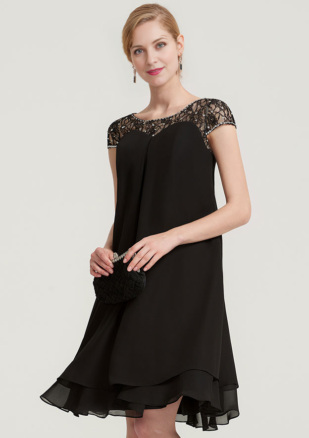A-linePrincess Bateau Short Sleeve Knee-Length Chiffon Mother of the Bride Dress With Beading Ruffles Short