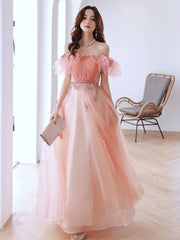 Pink tulle off shoulder long prom dress, pink tulle formal dress
