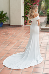 Off shoulder collar sleeveless back button backless and floor length wedding dress