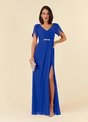 Tight V-neck pleated chiffon mother of the bride dress