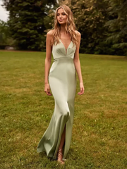 Sheath Deep V Satin Fabric Wedding Party Dress formal dresses evening gown Bridesmaid Dress With Train