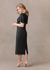 Sheath Crew Neck Pleated Tea Length Satin Black formal dresses evening dress Mother of the Bride Dresses