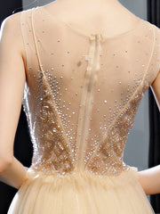 Champagne A line manual beads tulle long prom dress, tulle evening dress