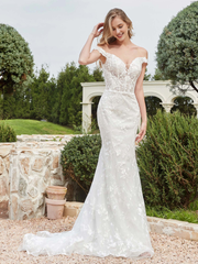 Off shoulder applique tight lace bridal gown