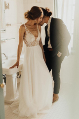 Beach See Through Pearl Beaded Ivory Wedding Dresses