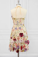 Champagne 3D Flower Print Halter A-Line Party Dress
