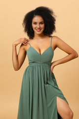 Eucalyptus A-line fine shoulder strap pleated long slit chiffon bridesmaid dress