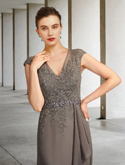 Aimishang A-Line Mother of the Bride Dress Elegant V Neck Floor Length Chiffon Lace Cap Sleeve with Sash / Ribbon Appliques