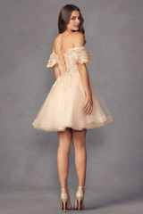 Embroidered lace applique short off shoulder short sleeved sparkling dress