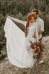 A-line Beach Scoop Neck Backless Long Sleeves Wedding Dresses