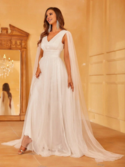 A-line deep V-neck cape and floor length wedding dress