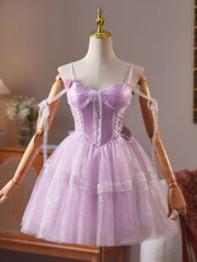 A-Line Tulle Lace Purple Short Prom Dress, Purple Homecoming Dress