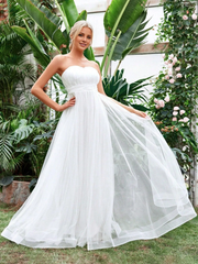 Ruffle waist mesh strapless and floor length wedding dress