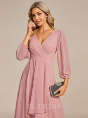 A-Line V Neck Chiffon Pleated Long Sleeves Midi Length formal dresses Bridesmaid Dresses evening gown Prom Dress