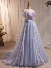 Purple A-Line Tulle Long Prom Dress, Off Shoulder Purple Graduation Dress