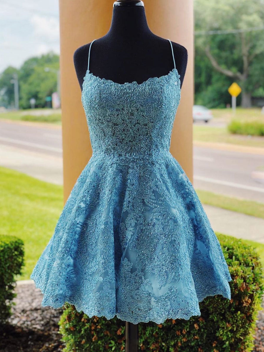 Blue lace short prom dress, blue lace homecoming dress