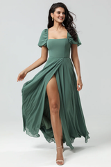 A-line chiffon bubble sleeve eucalyptus color slit bridesmaid dress