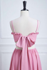 Pink Spaghetti Strap Bow-Back Ruffle Maxi Dress