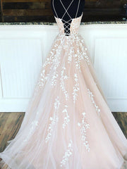 Champagne tulle lace long prom dress lace tulle evening dress