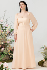 Champagne A-line square neck chiffon plus size bridesmaid dress