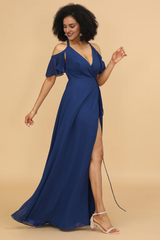 Navy blue split A-line shoulder chiffon bridesmaid dress