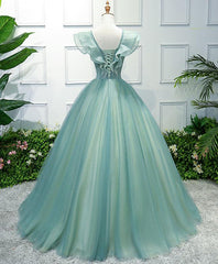Green tulle lace long prom gown, tulle lace evening dress