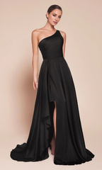 Jimiss A-line satin single shoulder long side slit and floor length evening dress