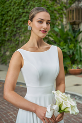 A-line minimalist boat shaped neckline off shoulder sleeveless backless side slit and floor length wedding dress