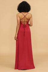Red A-line thin shoulder strap and satin bridesmaid dress