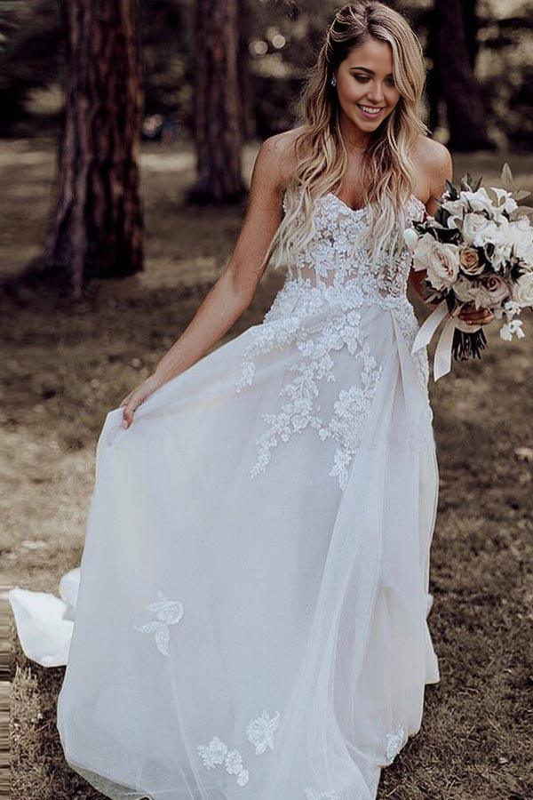 A-Line Sweetheart Appliques Sweep Train Wedding Dress with Beading
