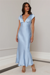 Jimiss V-neck satin short sleeved backless long Prom dress