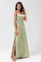 Dusty Sage A-line thin shoulder strap and floor length slit satin bridesmaid dress