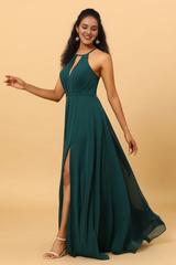 Pine A Line neck hanging sleeveless long chiffon slit bridesmaid dress