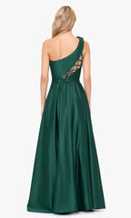 One shoulder long 3D asymmetrical floral lace up dress