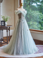 A-Line Off the Shoulder Tulle Long Prom Dress with Hand Made Flower